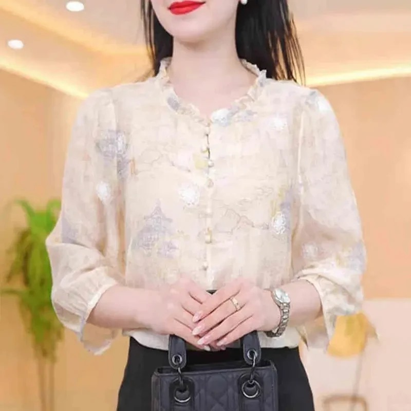 真 丝雪纺七分袖上衣女夏季新款妈妈气质小衫国风印花桑蚕 丝衬衫
