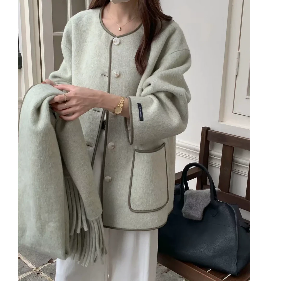 100%澳洲羊毛围巾款双面毛呢外套秋冬时尚气质中长款设计师款