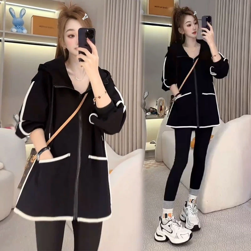 时尚休闲卫衣外套女2025秋冬新款时髦洋气宽松显瘦中长款连帽上衣