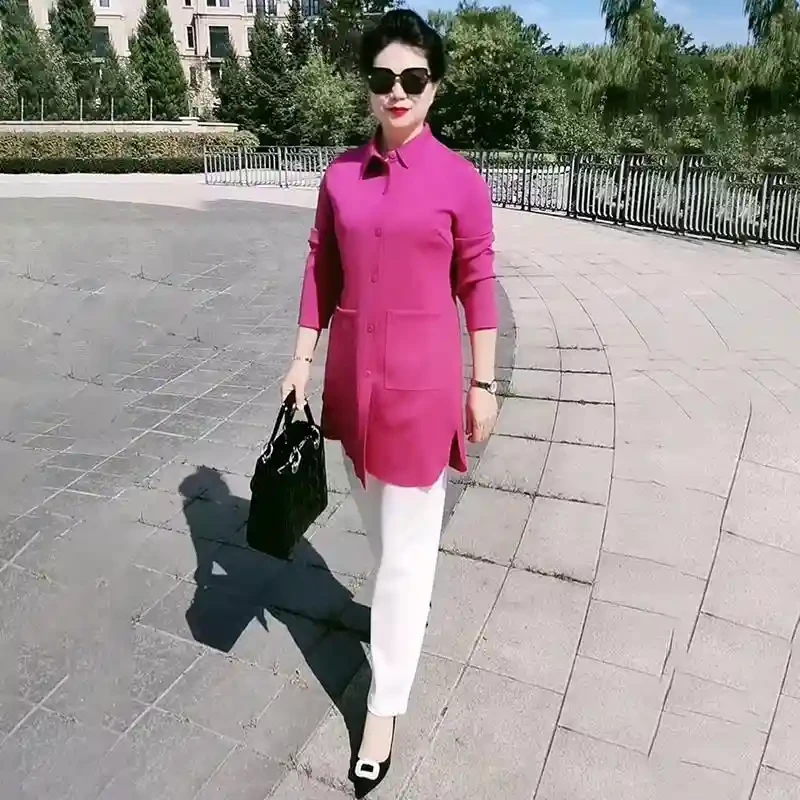 高端纯色空气棉风衣春秋新款宽松显瘦中年妈妈中长款衬衣大码外套
