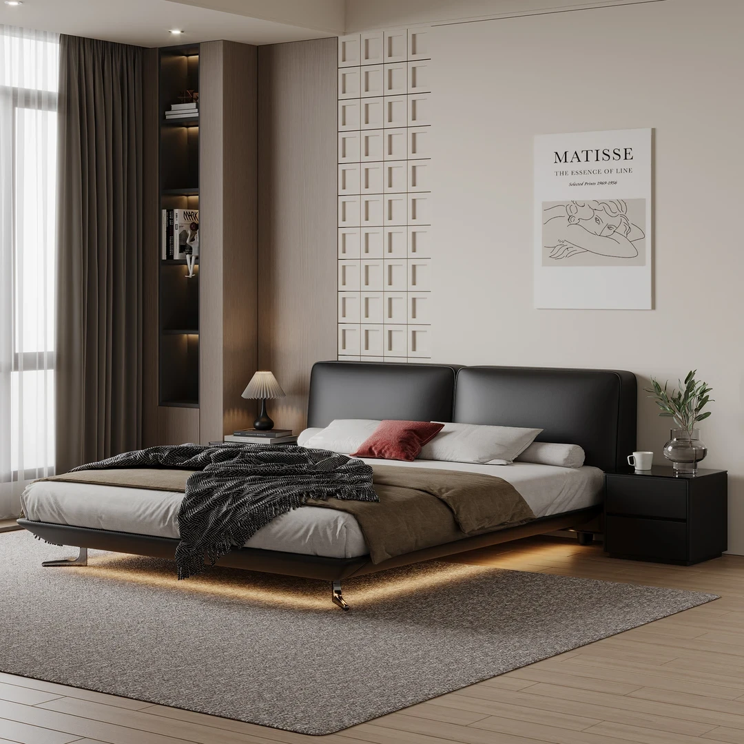 【圣莎蒂-大黑牛升级款】意式极简真皮轻奢现代次卧创意婚床双人床