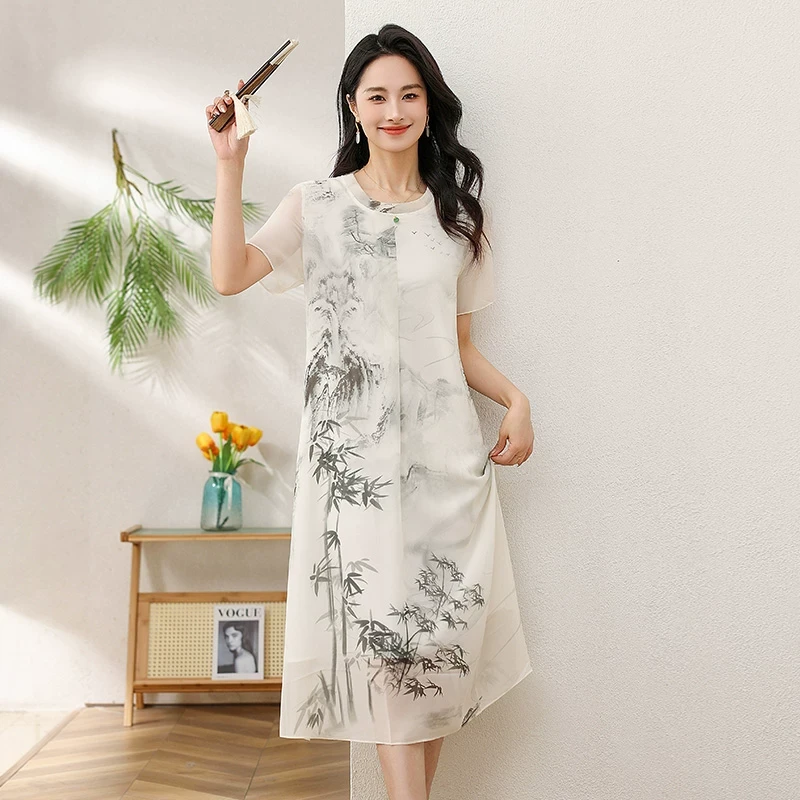 林肯羊妈妈夏装连衣裙2025新款中老年女装洋气中长款裙子国风中式