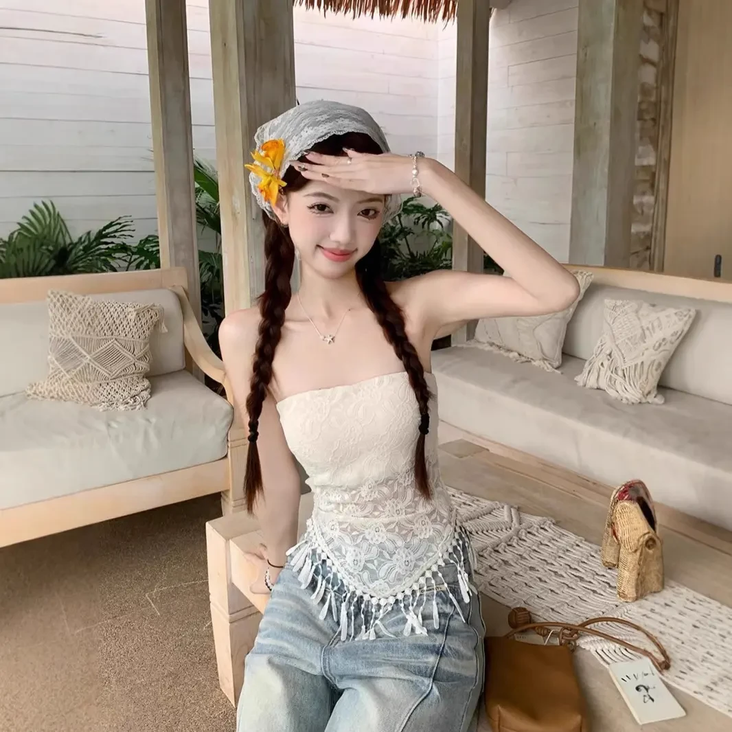 纯欲风性感蕾丝流苏抹胸背心女夏季小众气质收腰无袖外穿内搭上衣
