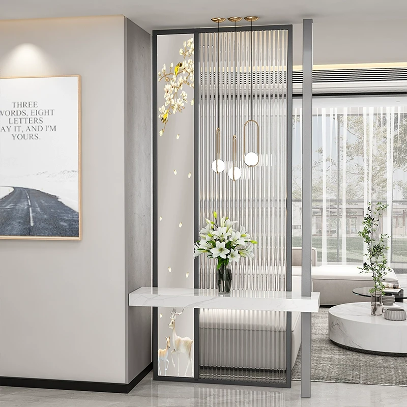 轻奢客厅屏风隔断不锈钢长虹艺术玻璃正对入户门玄关铁艺隔断屏风