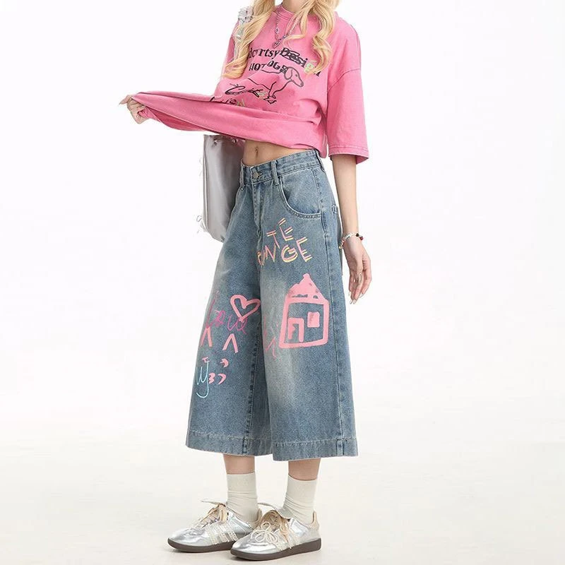 休闲大码显瘦高腰六分裤复古美式高腰阔腿牛仔短裤百搭夏季宽松