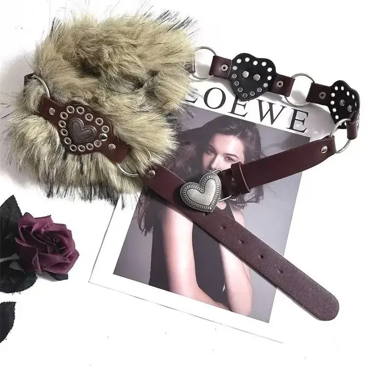 爱心腰带亚文化个性毛毛装饰美式复古拼接配饰辣妹皮带y2k腰封