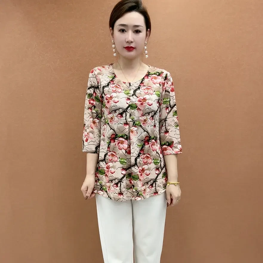 8942春夏季女士中袖T恤打底衫碎花弹力宽松大码中年上衣