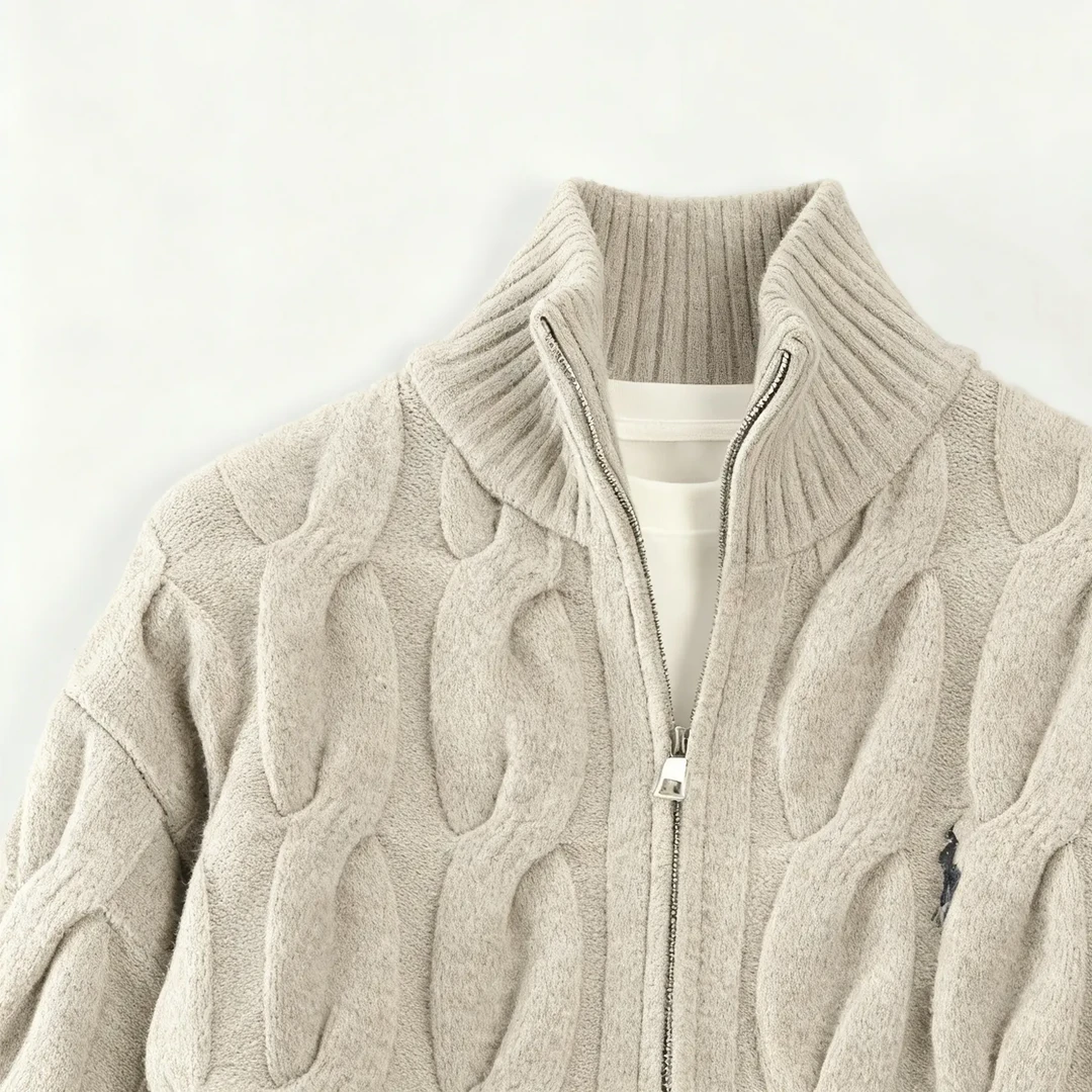 加厚加棉混纺麻花工艺秋冬高级双拉链针织开衫立领外套