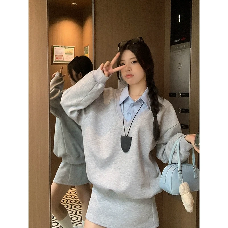 【断舍离】乌77学院风假两件卫衣套装女翻领上衣小个子短裙两件套
