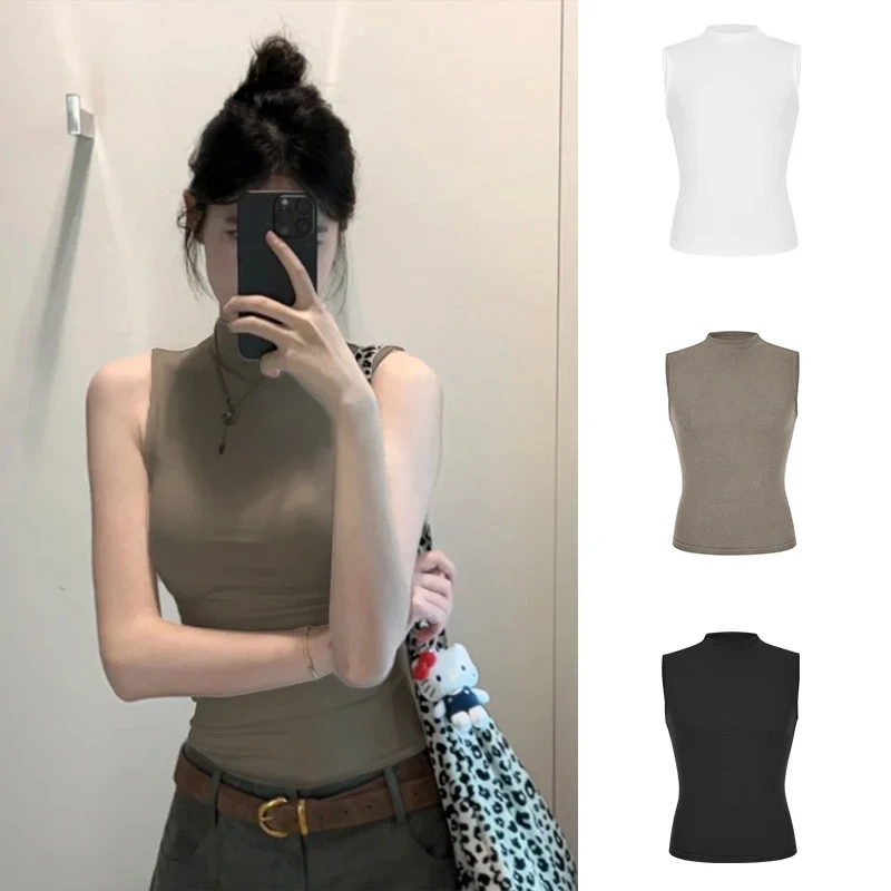 复古半高领弹力无袖背心女夏季新款设计感高腰小众打底上衣