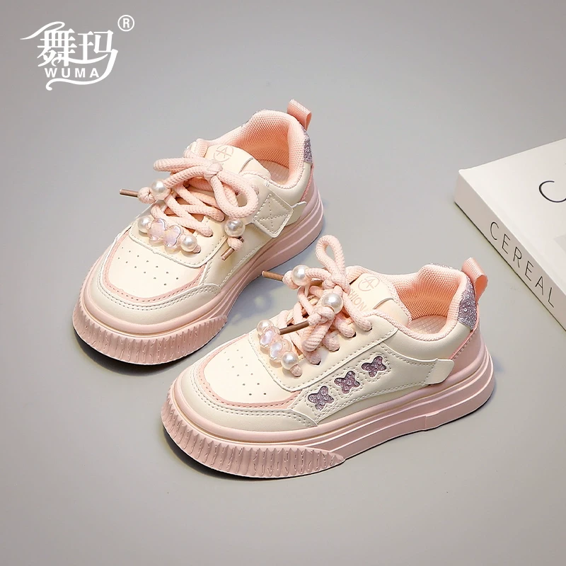 儿童鞋子女童运动鞋2025新款春秋女孩低帮皮面公主时尚板鞋517003