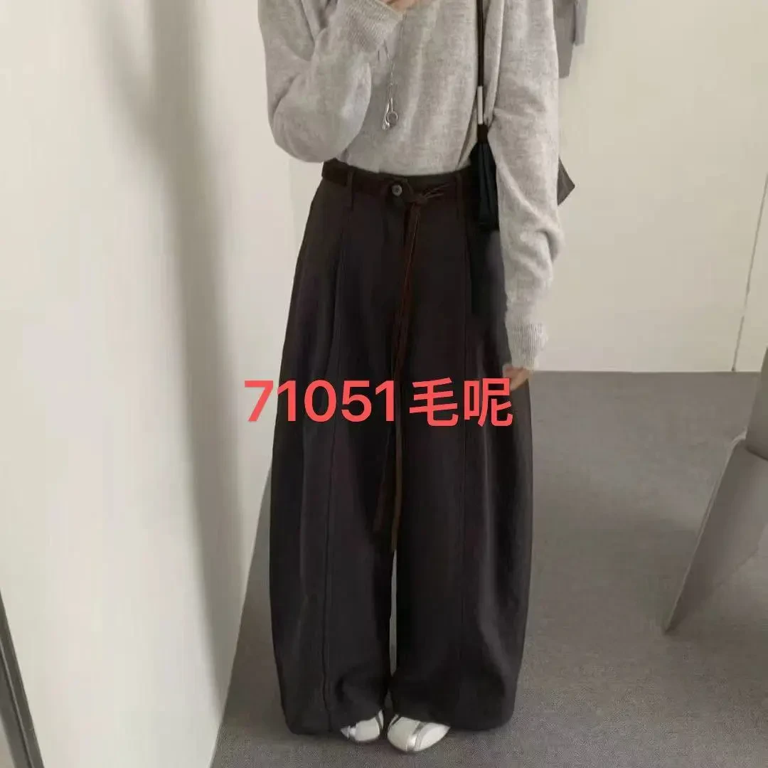 71051韩系高腰压褶加厚呢子显瘦阔腿直筒休闲裤