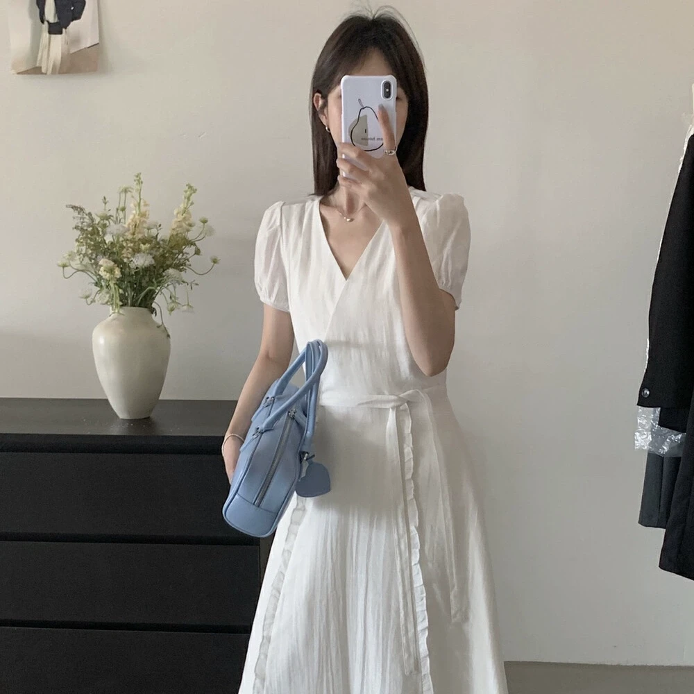 Cute Club 甜美风简约木耳边V领短袖连衣裙夏季收腰显瘦百搭裙子