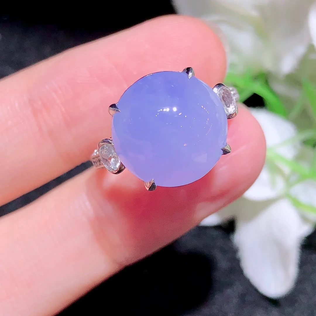 天然缅料A货翡翠紫罗兰蛋面戒指18K金镶钻