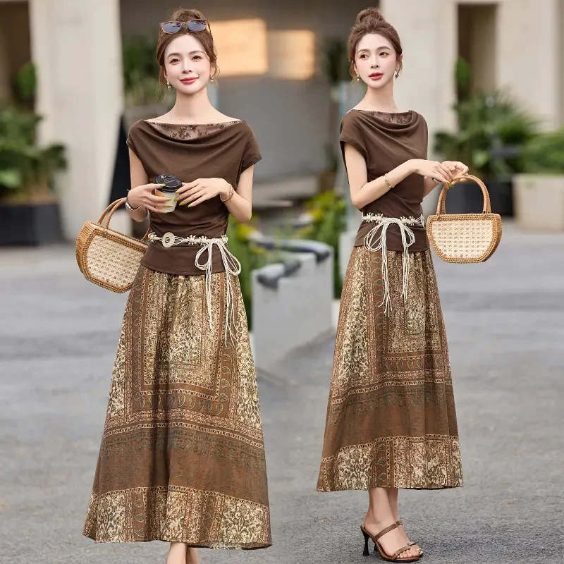 法式复古印花套装裙女2025年夏季新款撞色民族风收腰半身裙两件套