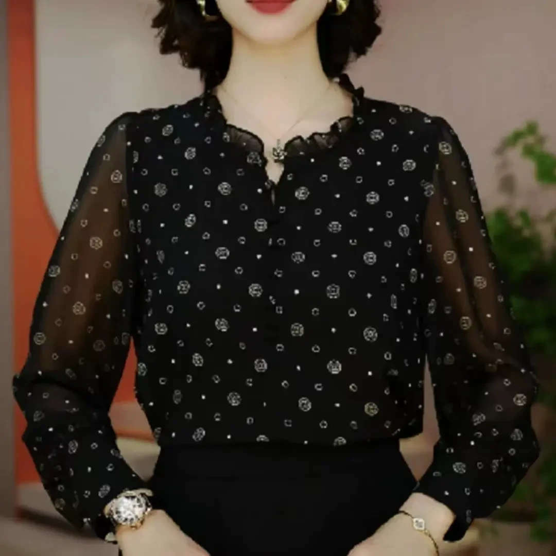 时尚波点长袖衬衫女士2025春季新款遮肉妈妈洋气衬衣雪纺气质上衣