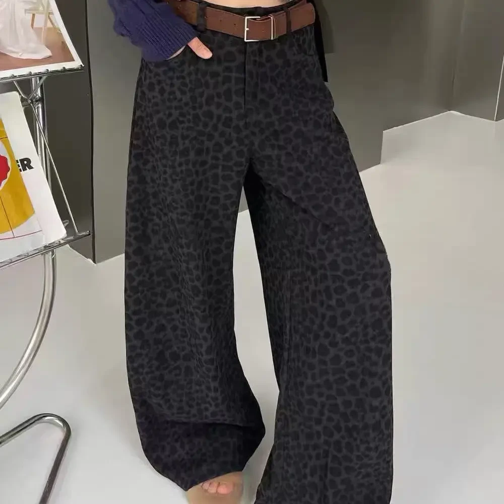 8819豹纹加绒加厚高腰显瘦弯刀休闲阔腿裤冬季新款