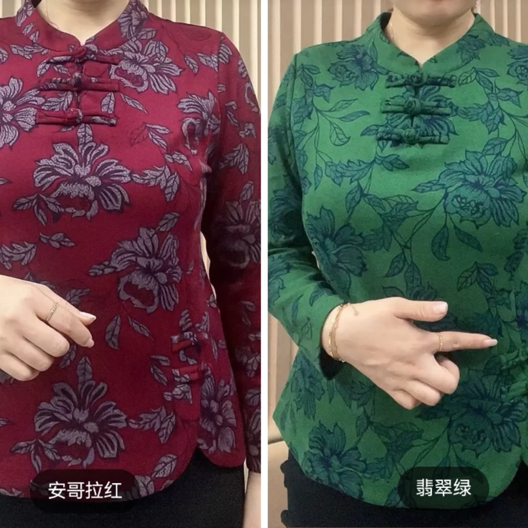 冬季中式复古印花加绒妈妈装上衣气质百搭保暖打底衫时尚女士秋冬