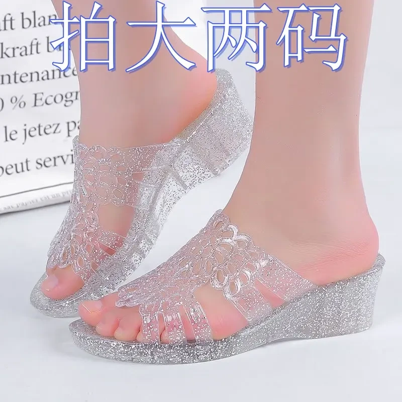 2024新款时尚透明妈妈凉拖鞋凉鞋女夏季水晶高跟厚底露趾果冻坡跟