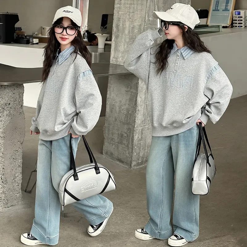 女童春装套装2025新款大童学院风拼接POLO领假两件卫衣牛仔阔腿裤