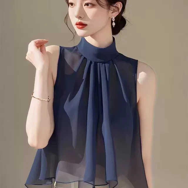 高级感无袖雪纺衫女2025新款夏季法式宽松小衫渐变色别致漂亮上衣