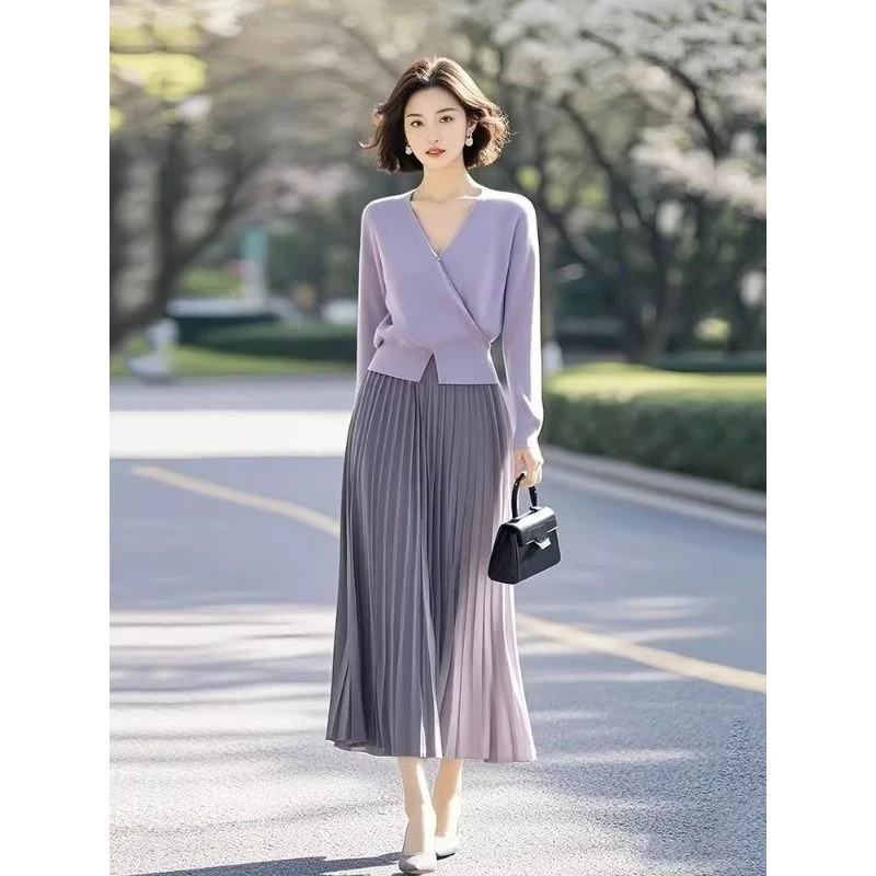 2025新款超火春装开春气质穿搭一整套紫色小香风两件套装裙女