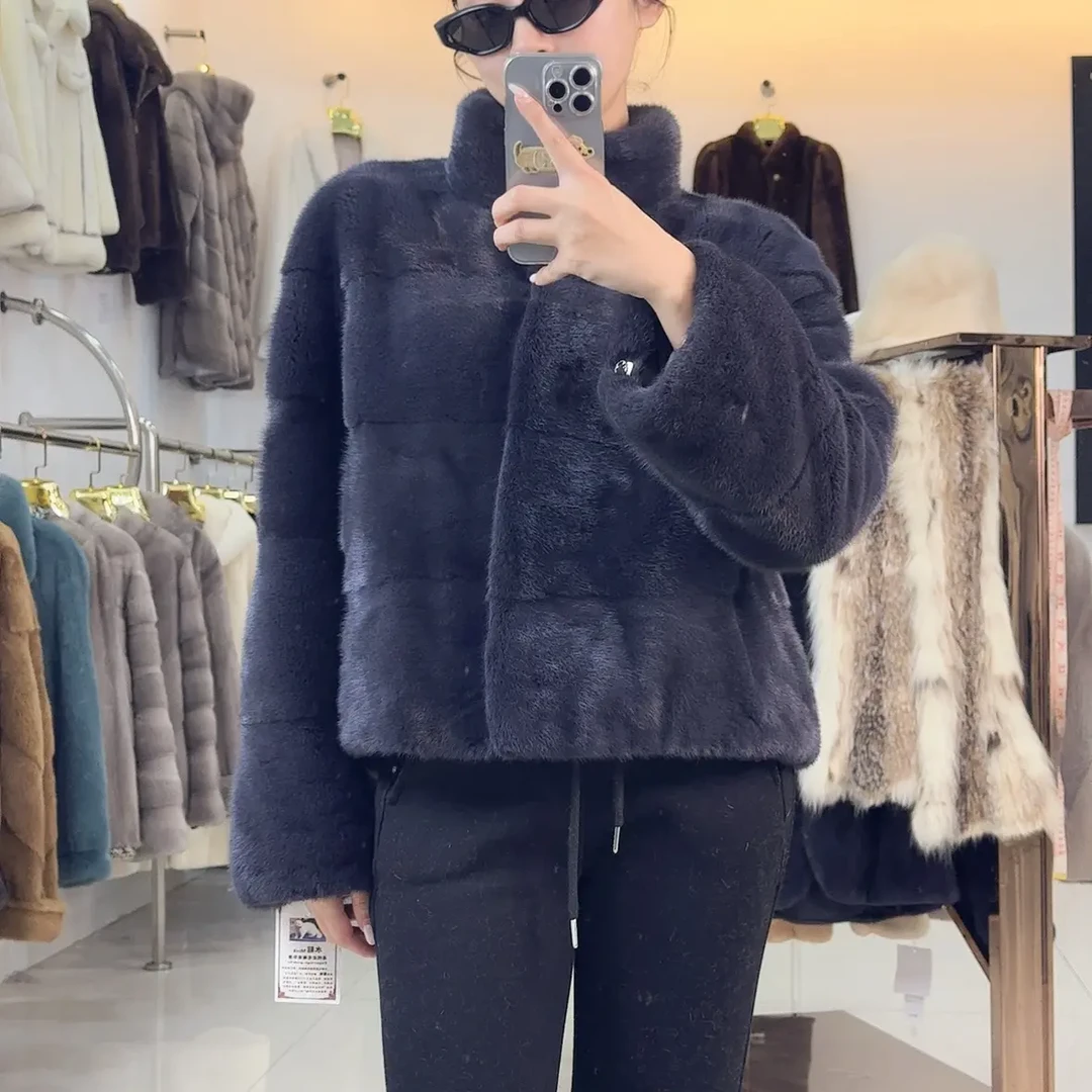 高级灰立领55cm整皮水貂冬季加厚皮毛一体短款外套女轻奢百搭