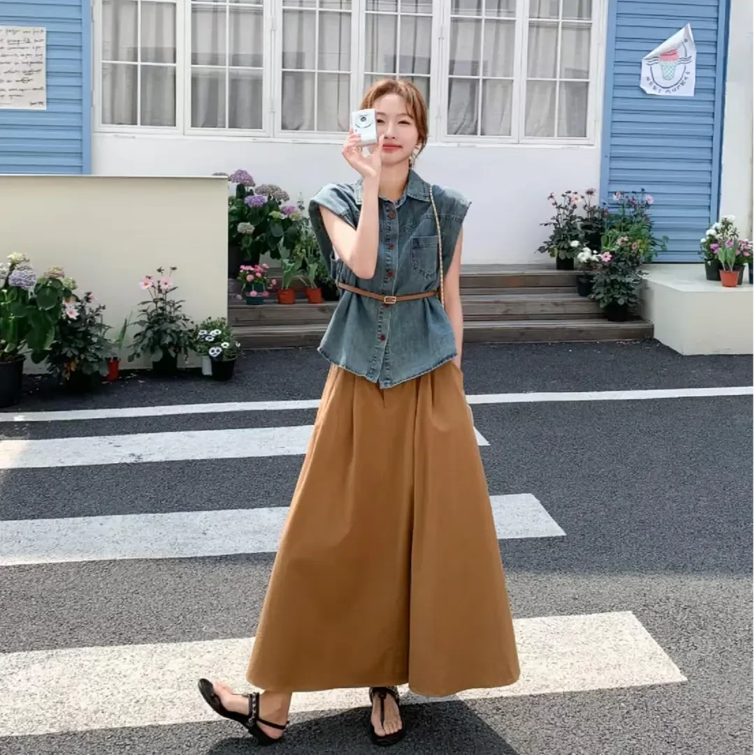 2025夏季新款韩系复古无袖牛仔马甲上衣高腰气质半身裙时尚两件套