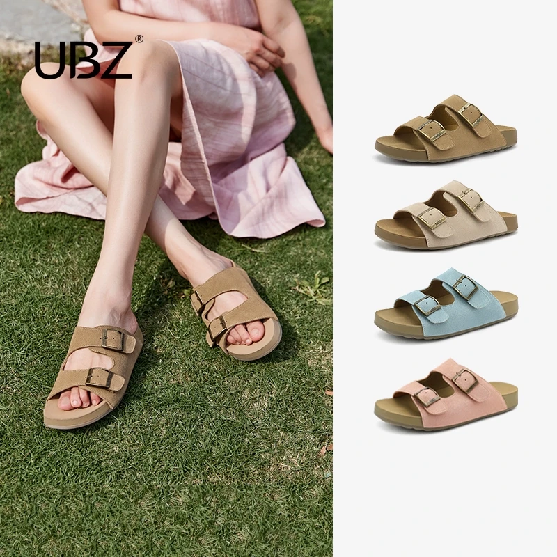 UBZ厚底一字勃肯凉拖鞋女外穿2025夏季新款复古软皮软底博肯凉鞋