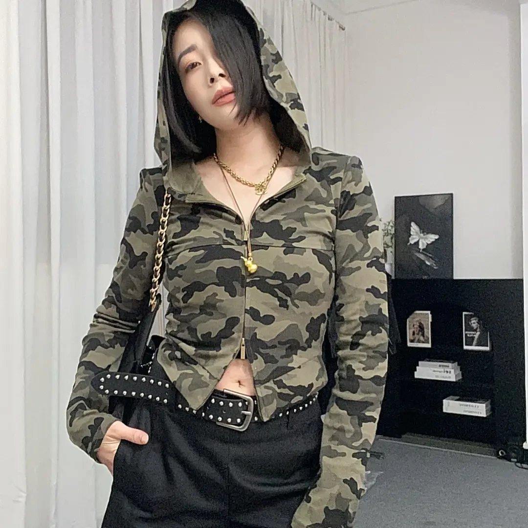 【欧美酷派】迷彩拉链连帽纯色开衫长袖上衣