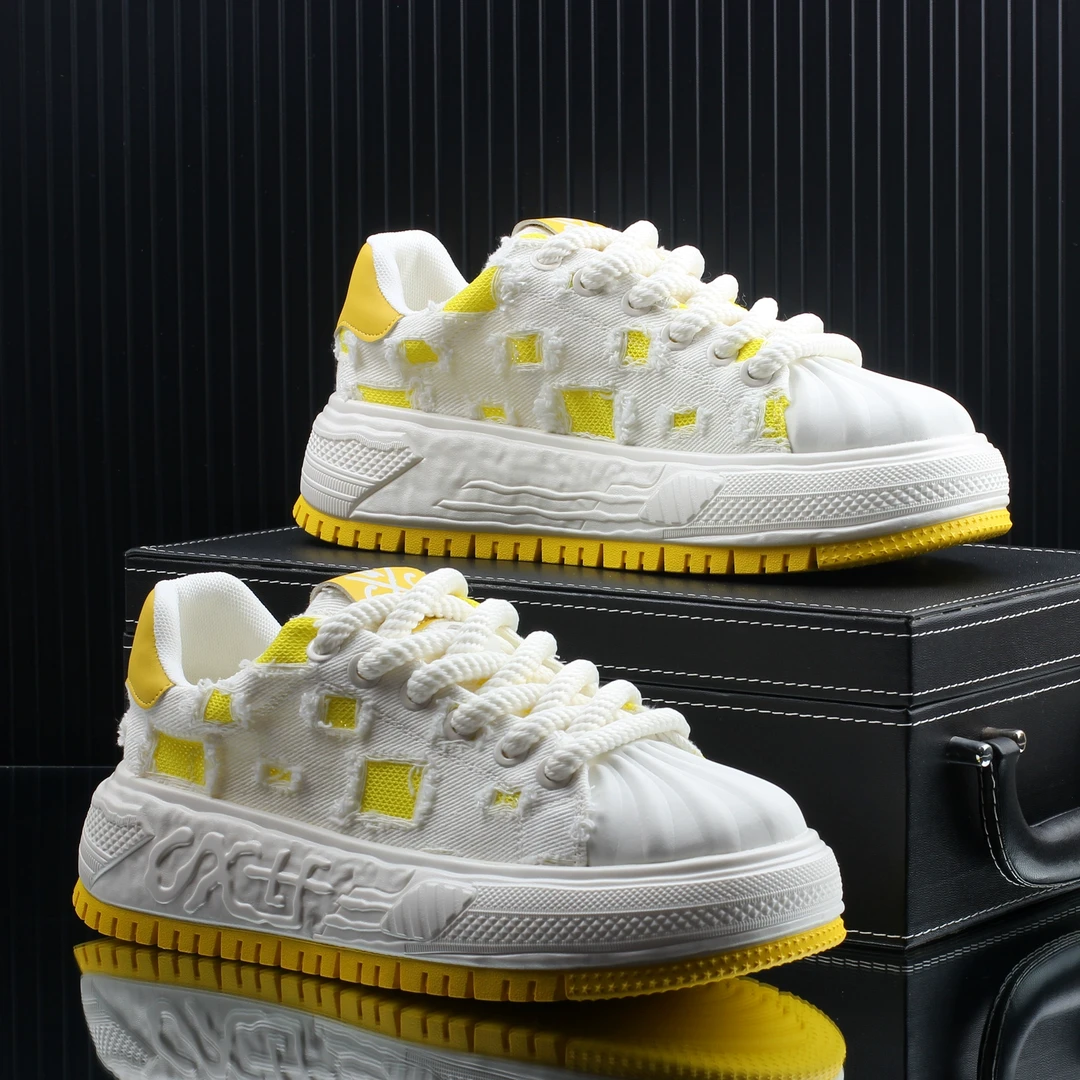 2025秋季新款时尚百搭牛仔布男鞋网面透气休闲板鞋男款增高小白鞋