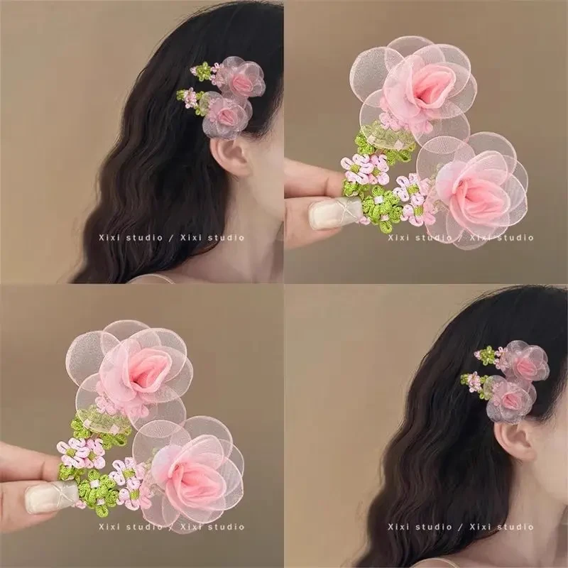 超仙网纱花朵发夹甜美粉色头花田园风氛围感刘海夹少女心侧边BB夹