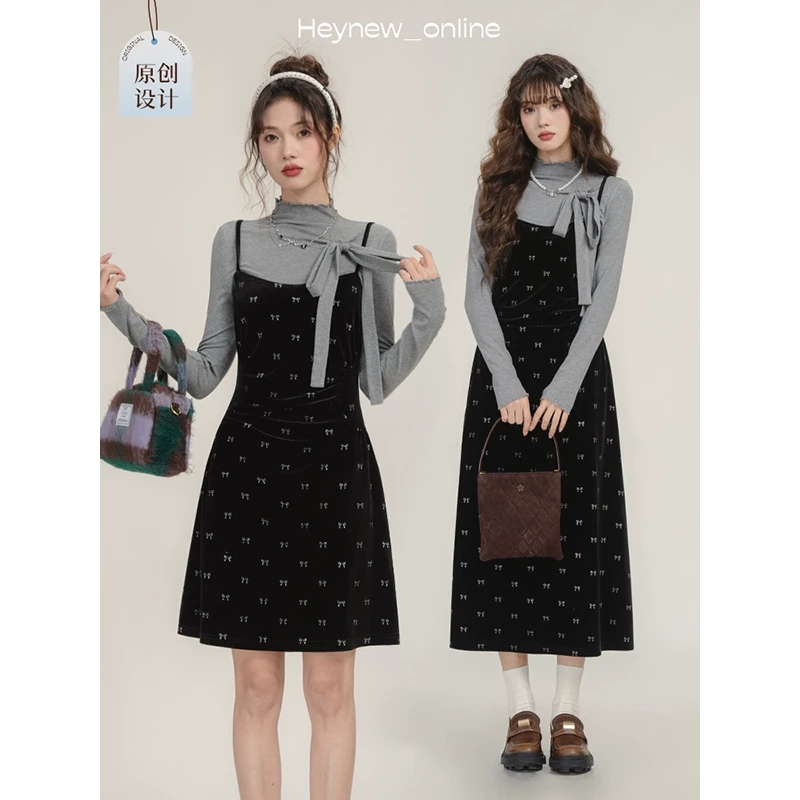 【波点圆舞曲】黑色丝绒吊带裙小香风气质复古-4D1174