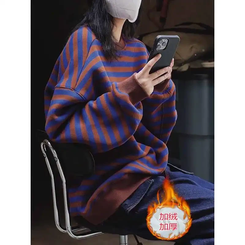 剪标大码胖mm加绒加厚条纹卫衣女秋冬新款韩系慵懒风宽松上衣