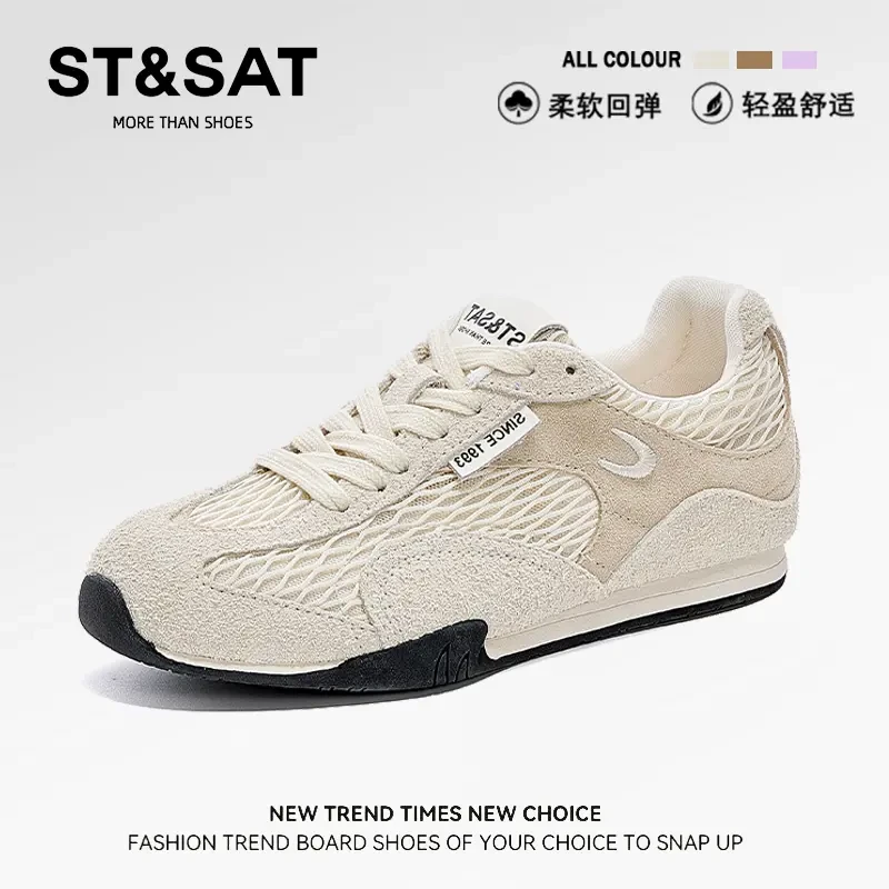 星期六女鞋复古老钱风真皮德训鞋夏季百搭网面透气舒适运动阿甘鞋