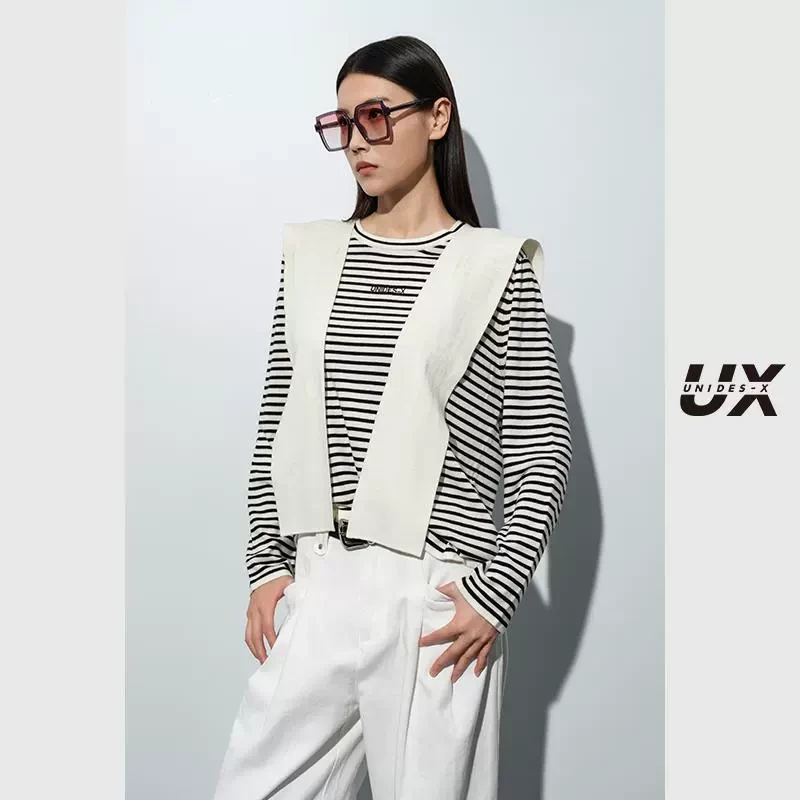 UX2025新款灰白条纹毛衫女 时尚通勤长袖上衣