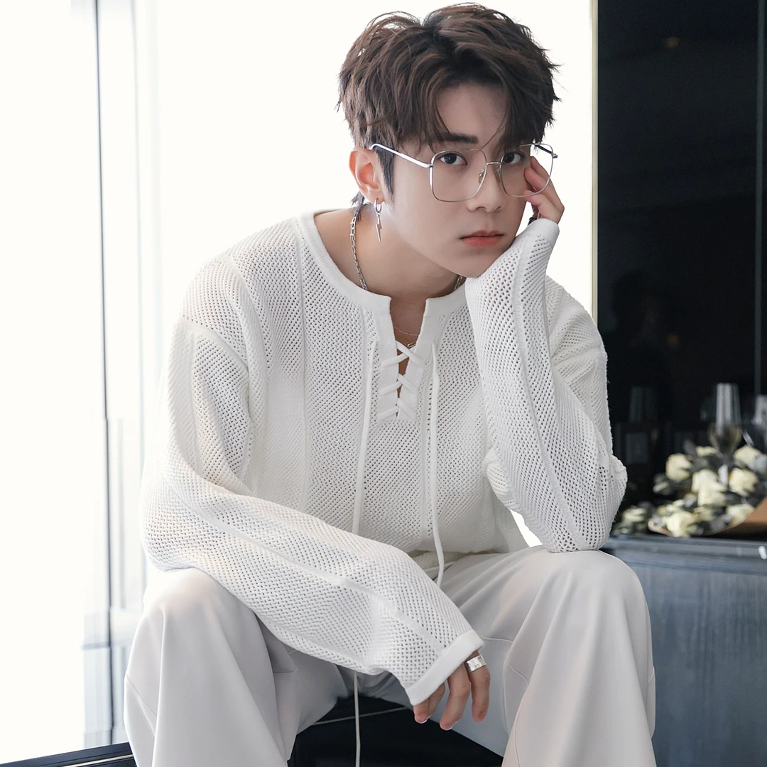 CHICERRO西西里男装镂空薄款设计感罩衫毛衣V领时尚休闲针织衫潮