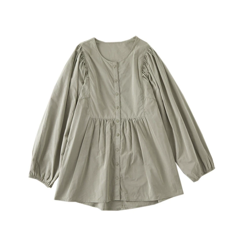 日单女 圆领泡泡袖日系拼接 衬衫 上衣2M