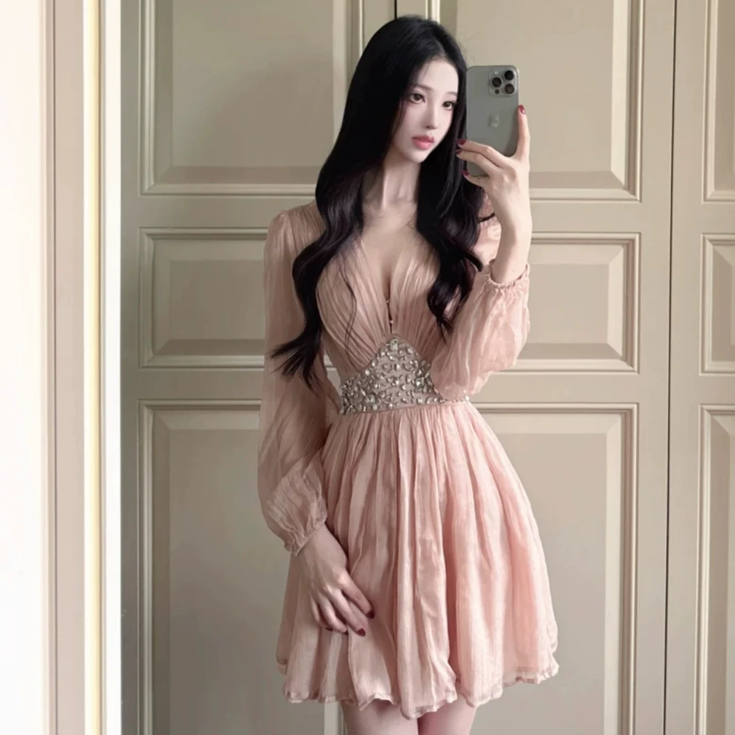 NOHASHTAG连衣裙女早秋高级感重工镶钻钓系约会裙V领生日裙子