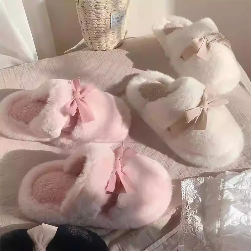 女士卧室居家休闲防滑秋冬季棉拖鞋女舒适保暖韩系蝴蝶结毛拖鞋HR