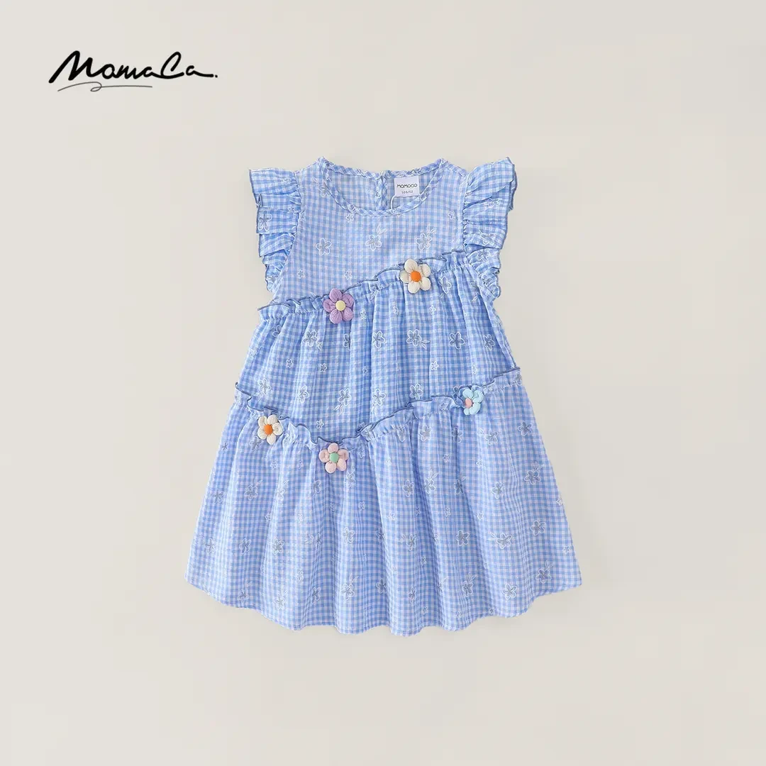 MOMOCO女童夏季儿童格子立体花朵时尚休闲飞袖连衣裙77630470224
