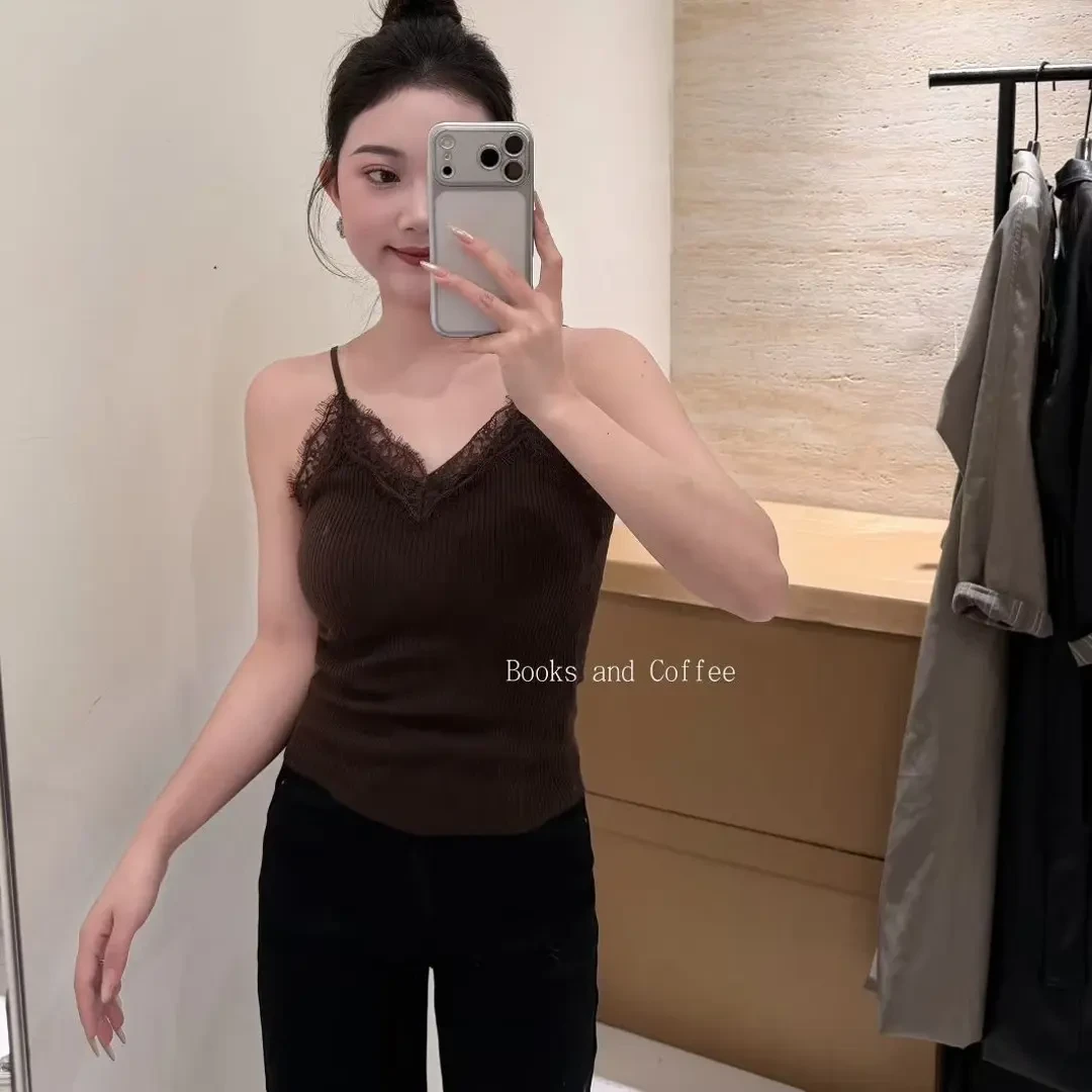 新款法式慵懒风V领美背蕾丝睫毛边修身显瘦吊带背心