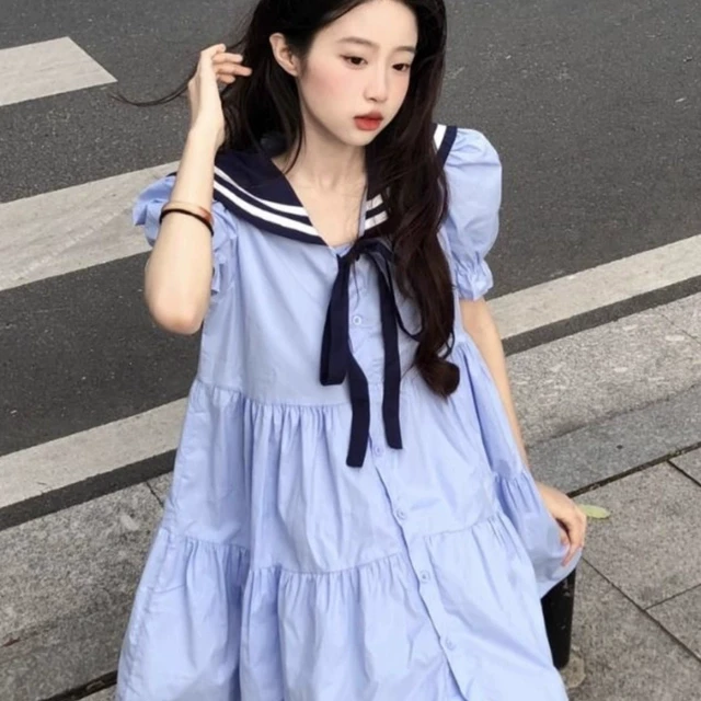 大码胖mm海军领别致梨形身材a字裙宽松显瘦遮肉学院娃娃领连衣裙