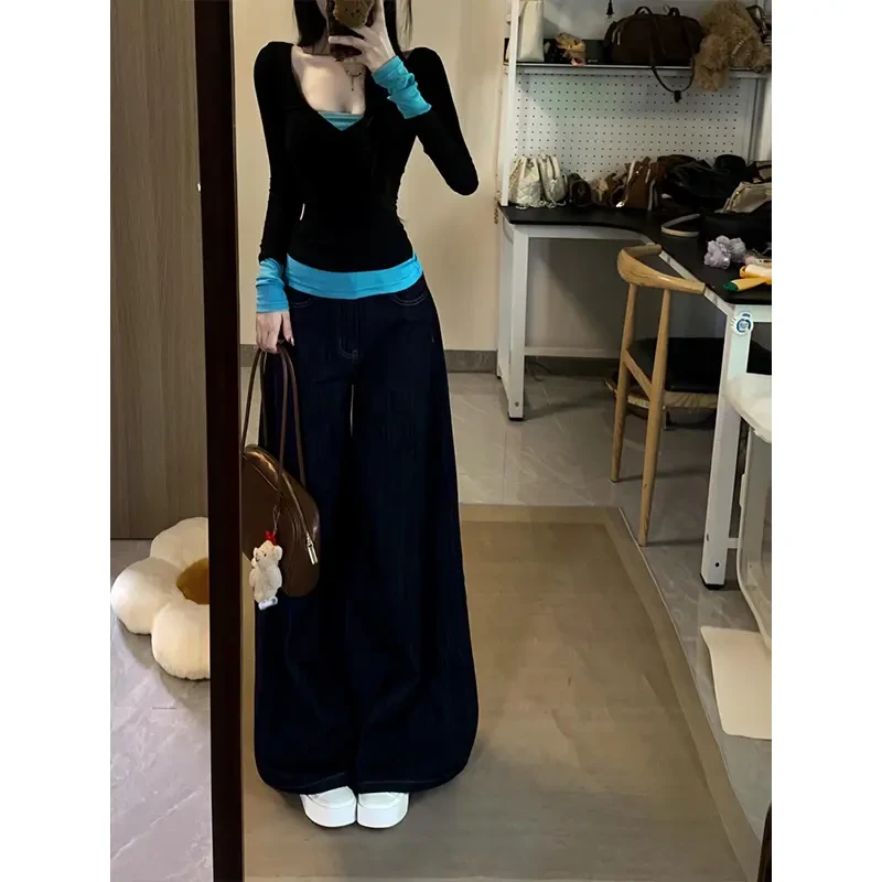 辣妹撞色拼接假两件V领长袖t恤女秋季修身显瘦内搭打底衫纯欲上衣