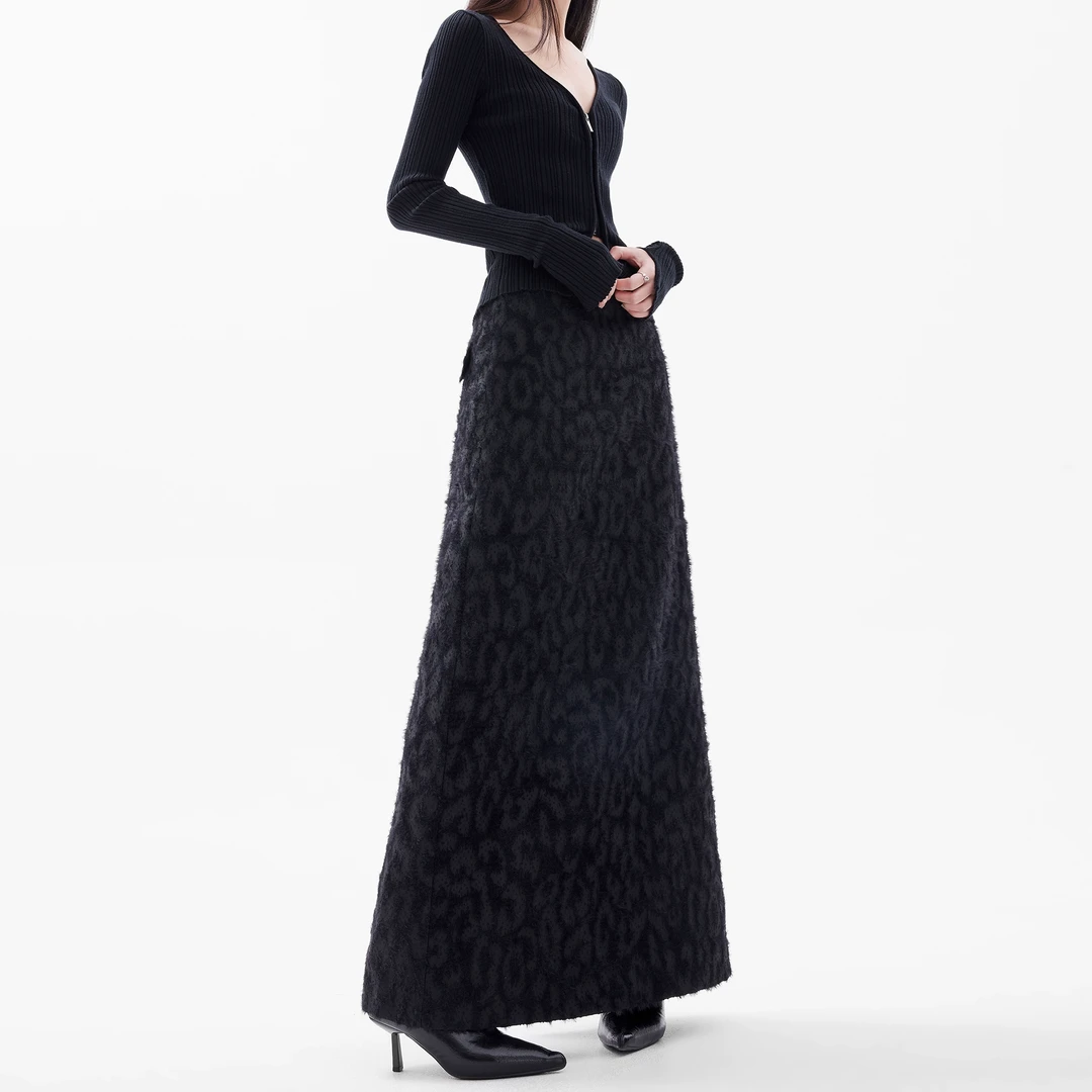 EDX美式复古黑色半身裙女秋冬新款高腰a字裙显瘦长裙开叉裙子1127