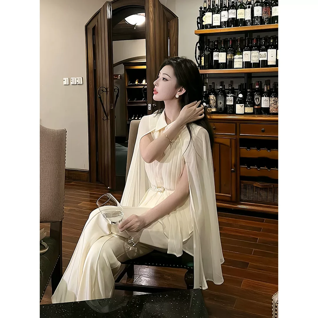 冷淡系轻奢高级感干练气质名媛小香风白色披风上衣两件套装裤女夏