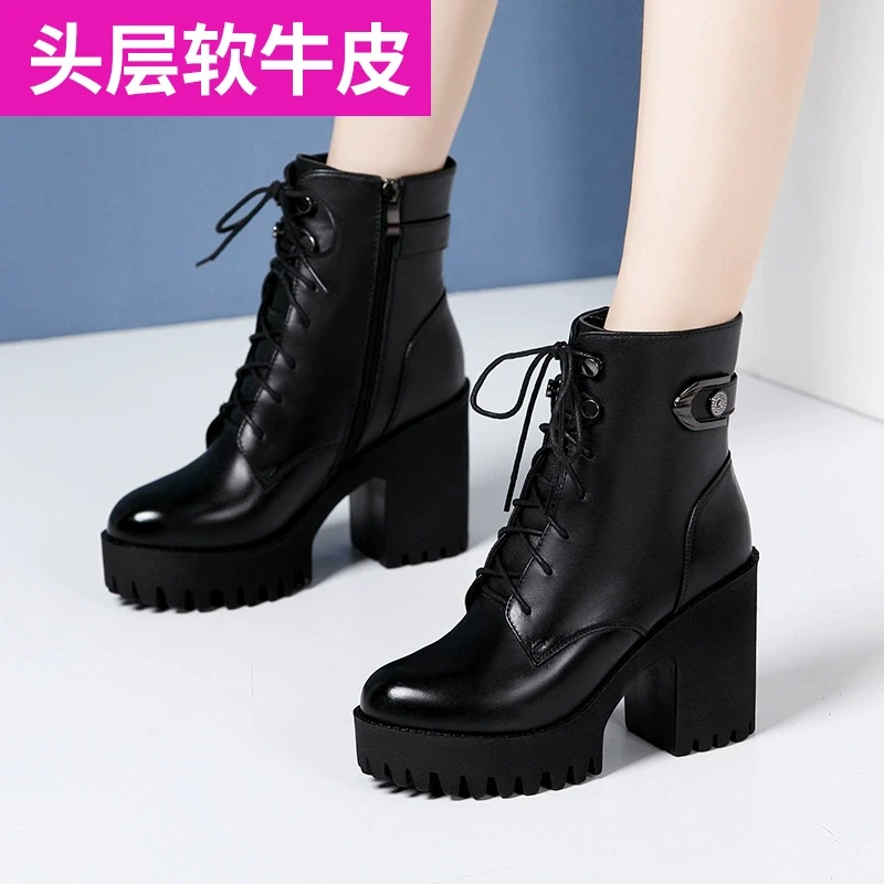 高跟马丁女2025秋冬新款真皮系带中筒短靴防水台厚底百搭高跟鞋
