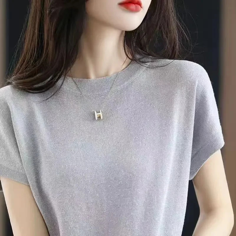 100%桑蚕丝短袖女夏季薄款圆领洋气T恤打底衫宽松上衣