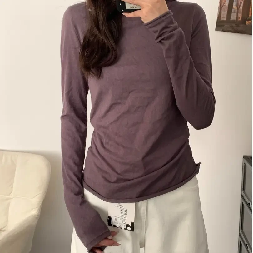 雪花棉卷边长袖T恤防晒罩衫夏季女装圆领ins高级感休闲打底衫上衣