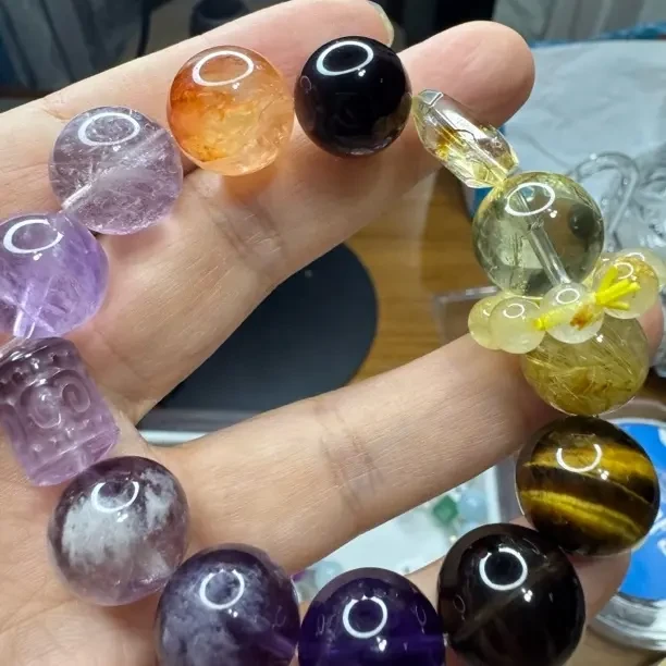 大颗粒天然紫水晶红胶花金发晶虎眼石设计款原创风格14mm